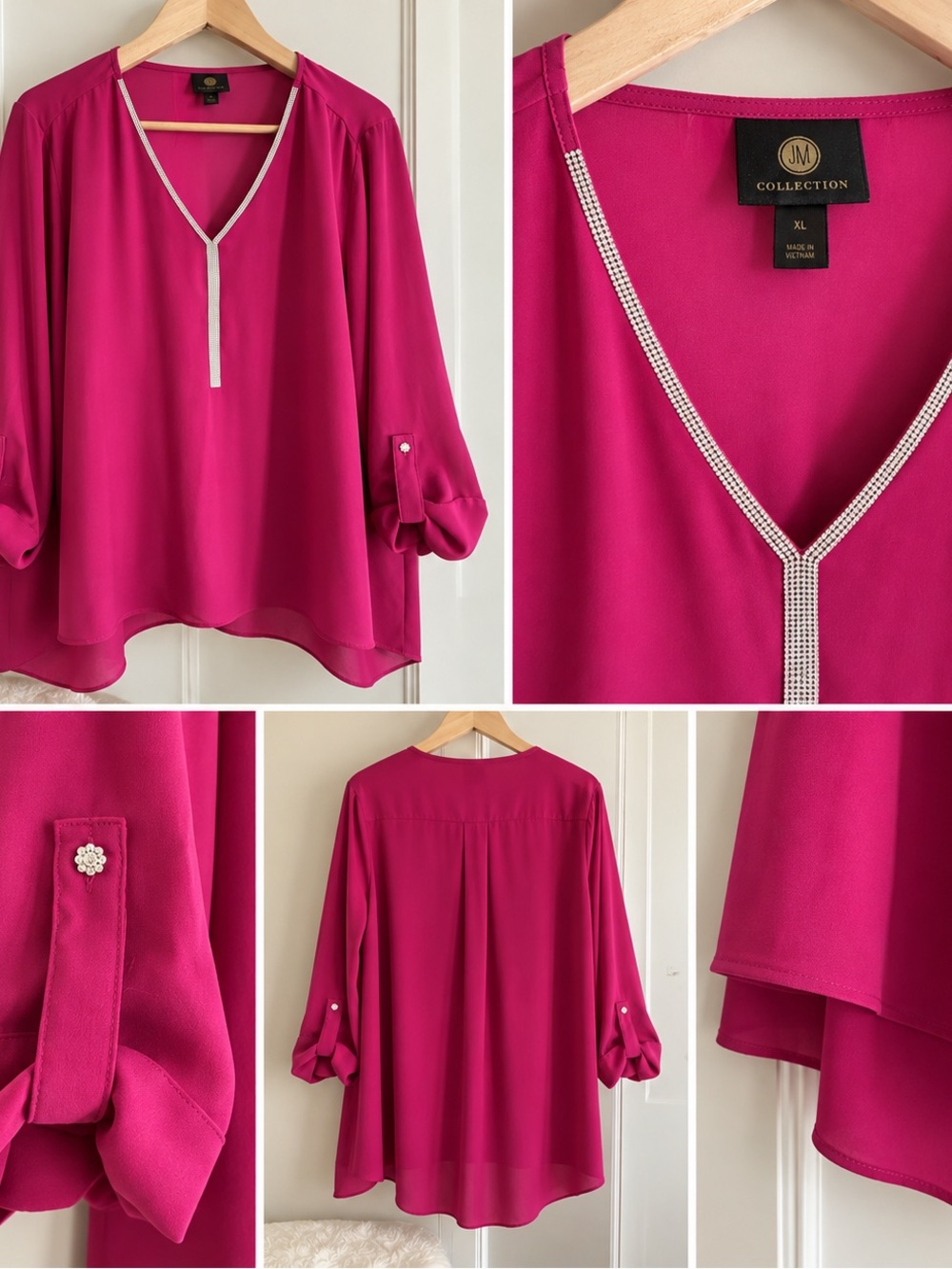 JM Collection Fuchsia V-Neck Blouse with Rhinestone Trim, size XL